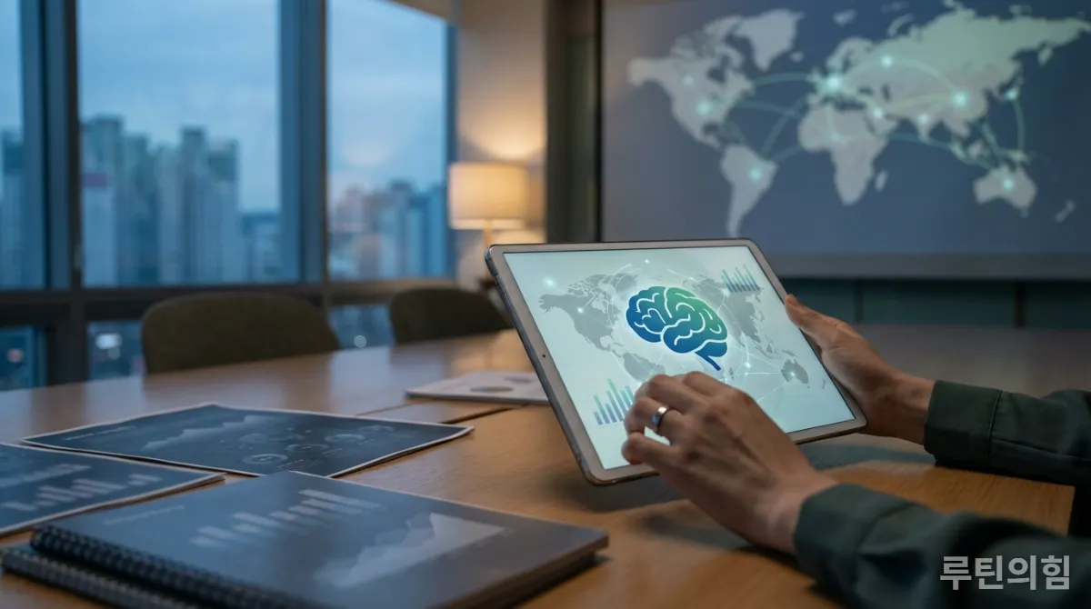 세계 지도를 배경으로 번아웃의 심각성을 나타내는 자료를 들고 있는 모습