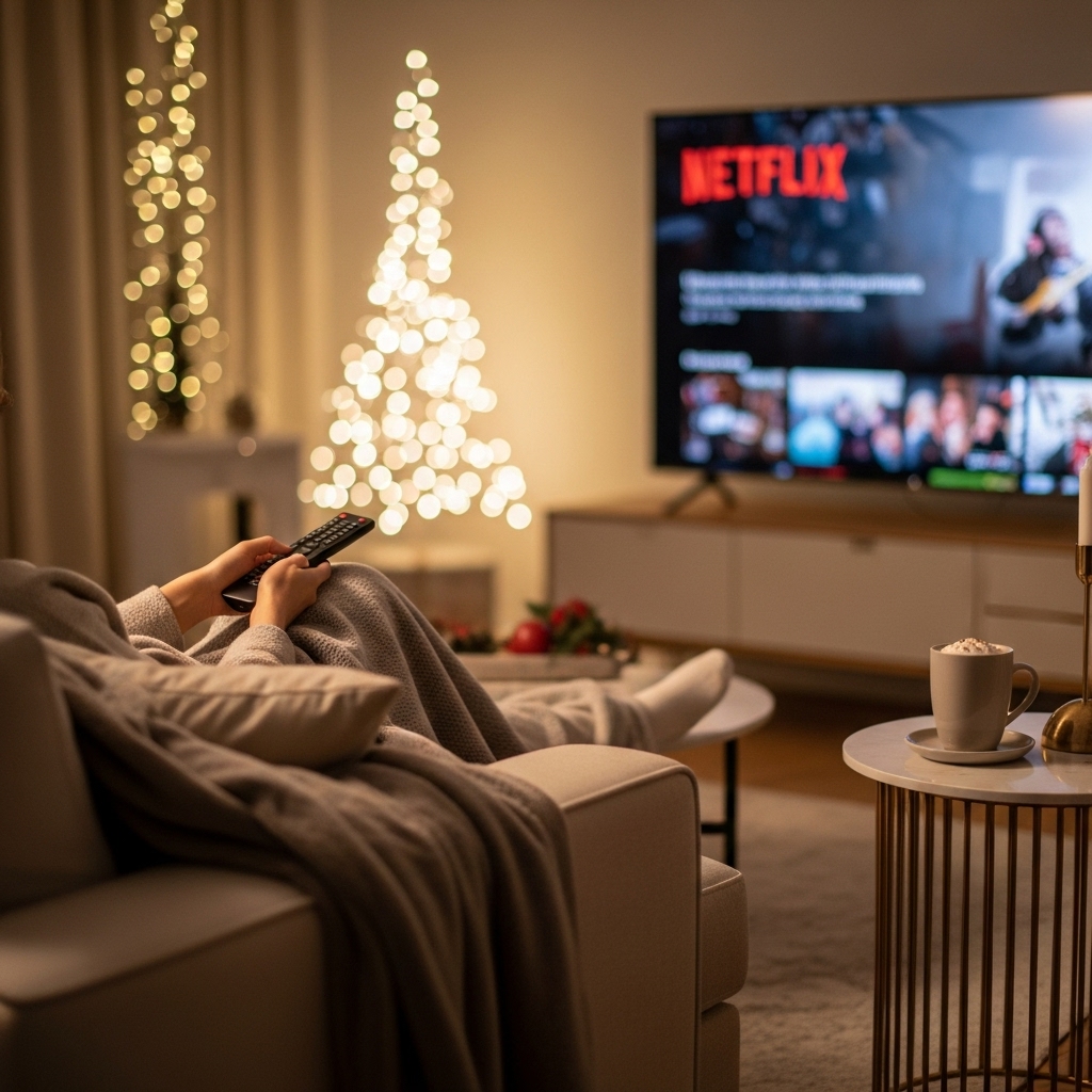 담요를 덮고 소파에 앉아 넷플릭스를 보는 사람의 모습. 따뜻하고 아늑한 2025년 연말 분위기의 거실.