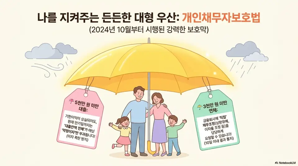 개인채무자보호법을 대형 우산으로 표현한 일러스트. 5천만 원 미만 대출의 연체이자 제한과 3천만 원 미만 연체의 채무조정 요청권을 시각적으로 전달하며&amp;#44; 2024년 10월 시행된 개인채무자보호법의 핵심 보호 내용을 설명함 