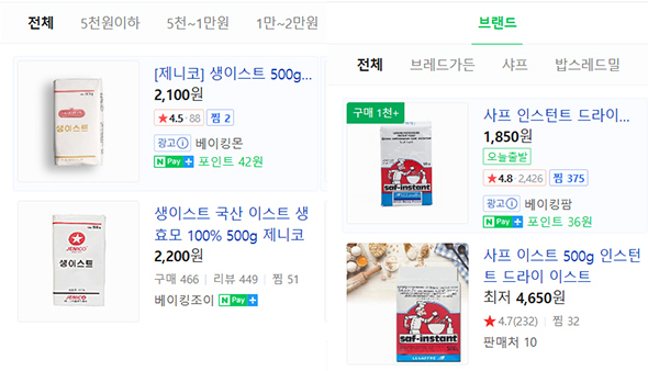 생이스트와 드라이이스트 판매 비교 이미지