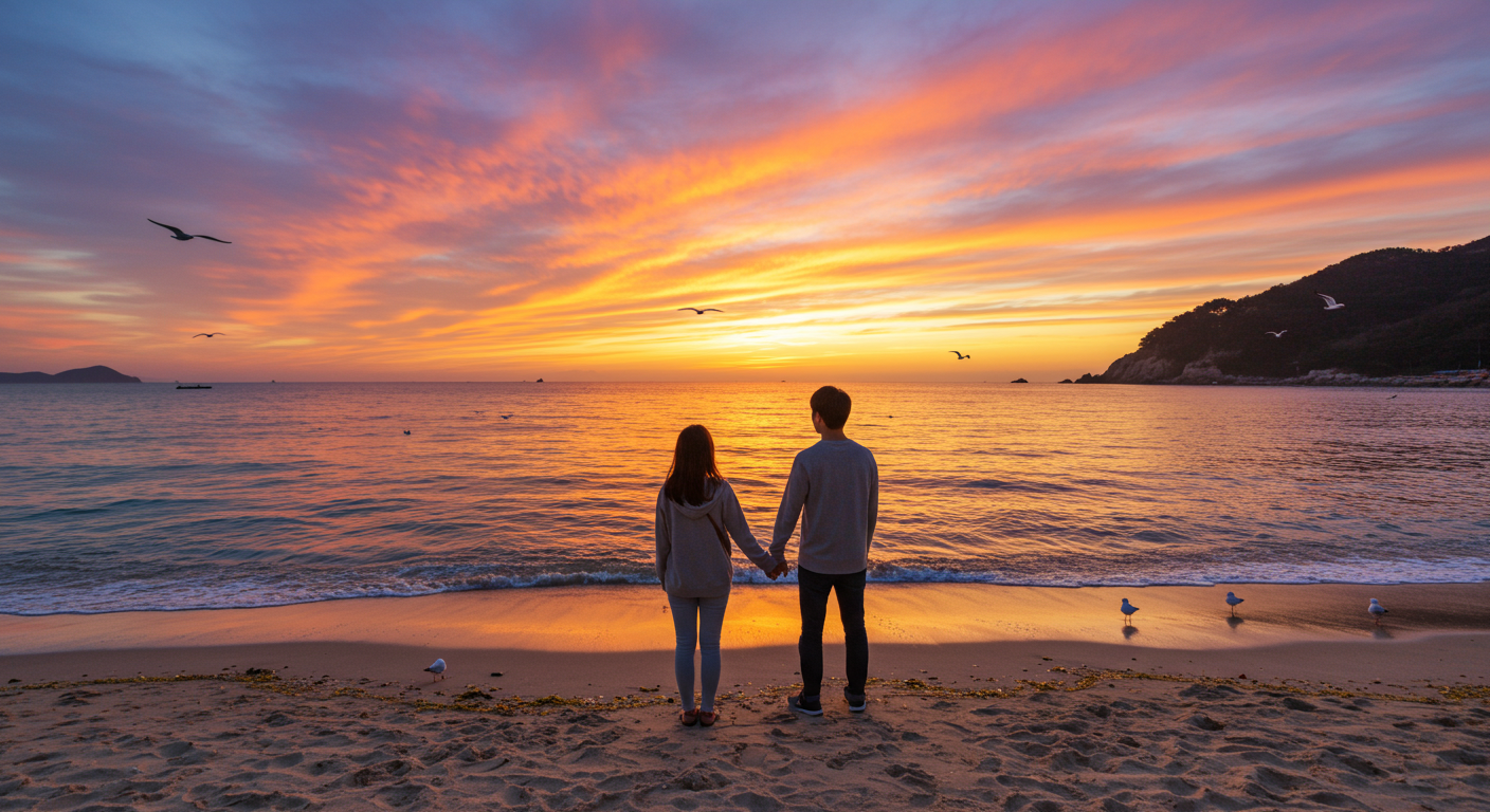 강원도 해변에서 새로운 일출을 맞이하며 여행의 여운을 느끼는 모습