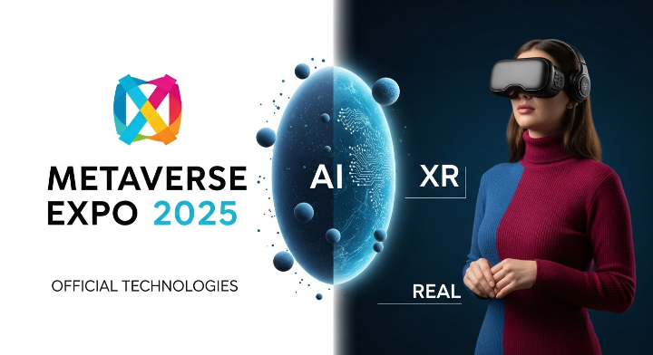 이미지 왼쪽에는 메타버스 엑스포 2025엠블램이 있고 가운데는 AI 우측에는 여성이 무선 블루투스 넥 스피커, 휴대용 웨어러블 서라운드 스피커를 착용한 모습입니다.