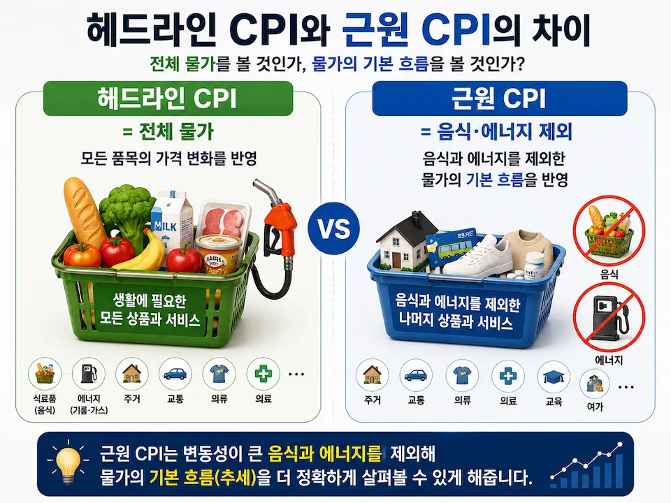전체 소비자물가와 음식 에너지를 제외한 근원 소비자물가의 차이를 비교한 이미지