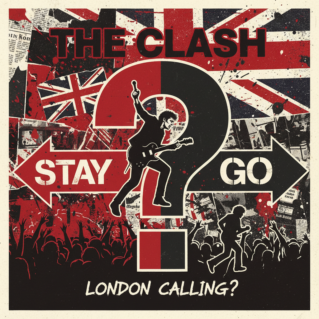 갈림길에 선 사람의 실루엣, 고민하는 모습, 록 밴드 'The Clash'의 상징적인 붉고 검은색 배경, 에너지 넘치는 분위기.