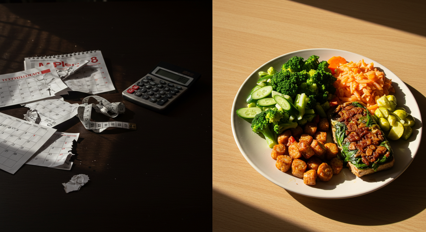 다이어트 실패를 상징하는 찢어진 달력과 계산기, 그리고 성공적인 건강 식단이 극명하게 대비되는 이미지.
