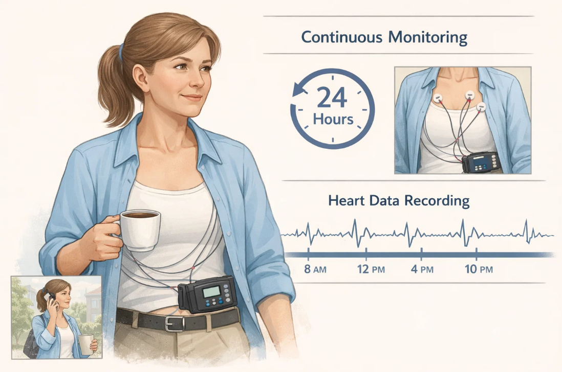 24시간 홀터 검사로 일상생활 중 심박 데이터를 연속 기록하는 과정 설명 이미지