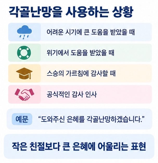 큰 도움 위기에서의 구조 스승의 가르침 경제적 지원 등 각골난망을 사용할 수 있는 상황을 정리한 이미지