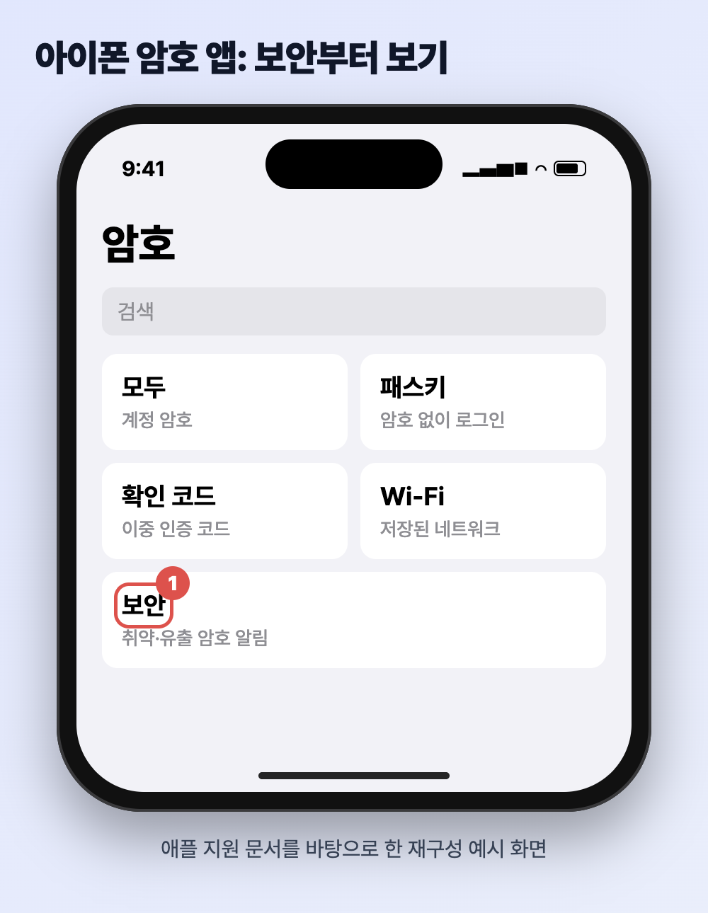 아이폰 암호 앱 첫 화면 재구성, 모두, 패스키, 확인 코드, Wi-Fi, 보안 중 보안을 강조