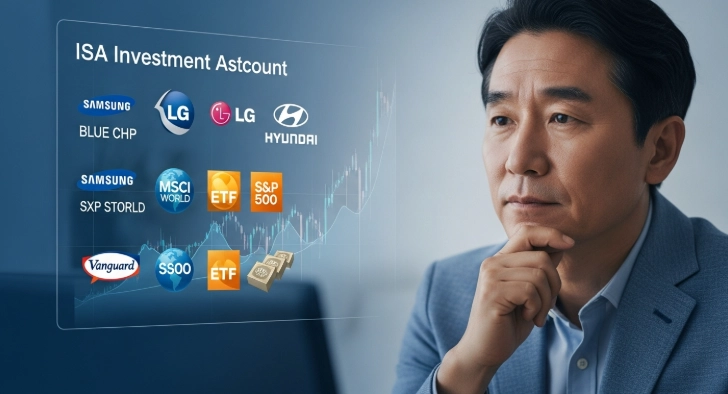 4050세대를 위한 ISA 계좌 내 한국 우량주, 해외 ETF, 채권 등으로 분산 투자된 안정적이고 성장 가능성 높은 포트폴리오 이미지