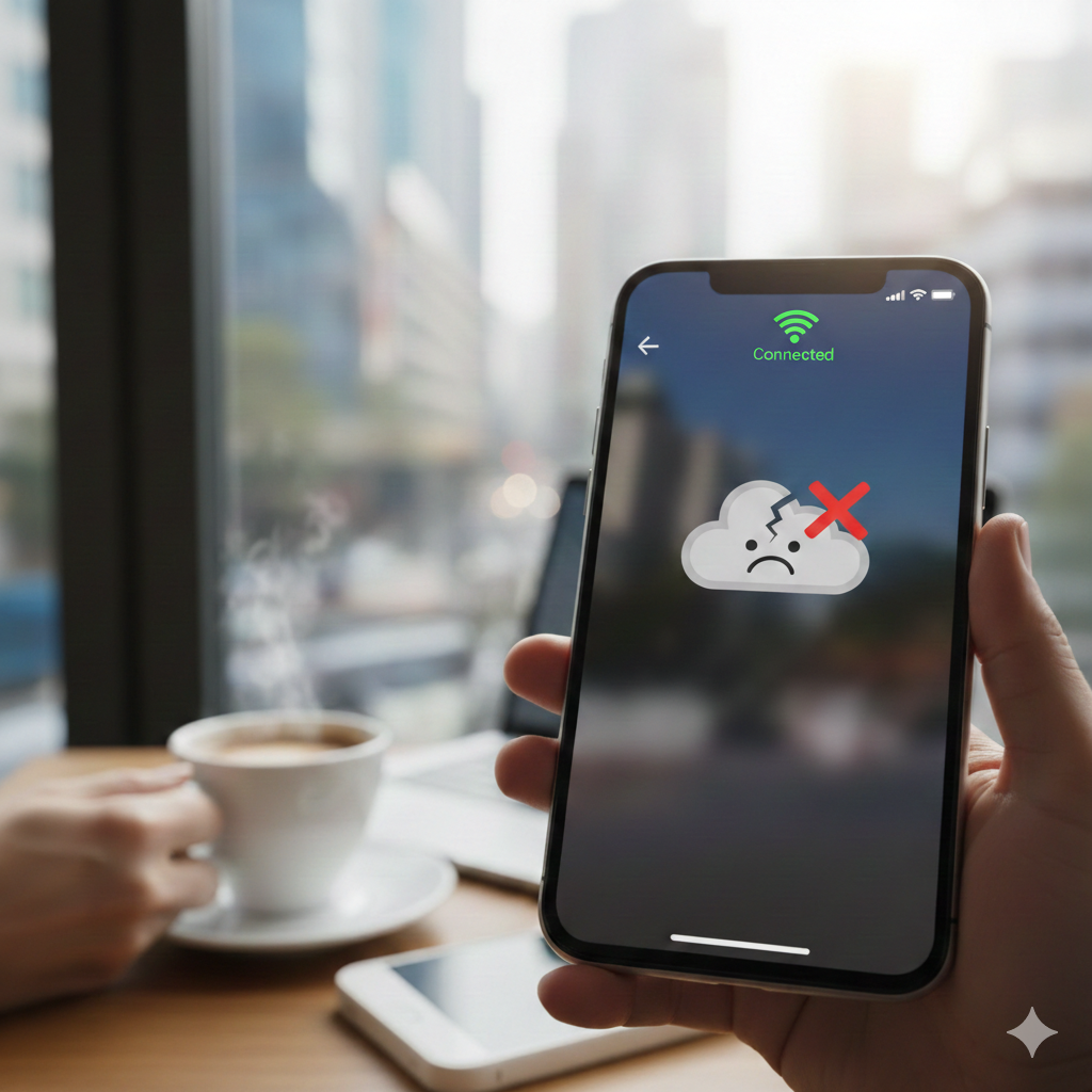 스마트폰 화면에 유튜브 연결 오류를 상징하는 깨진 구름 아이콘과 빨간색 엑스(X) 표시가 떠 있는 모습. 배경에는 카페에서 커피를 마시며 인터넷 연결 문제를 겪는 상황이 묘사됨.