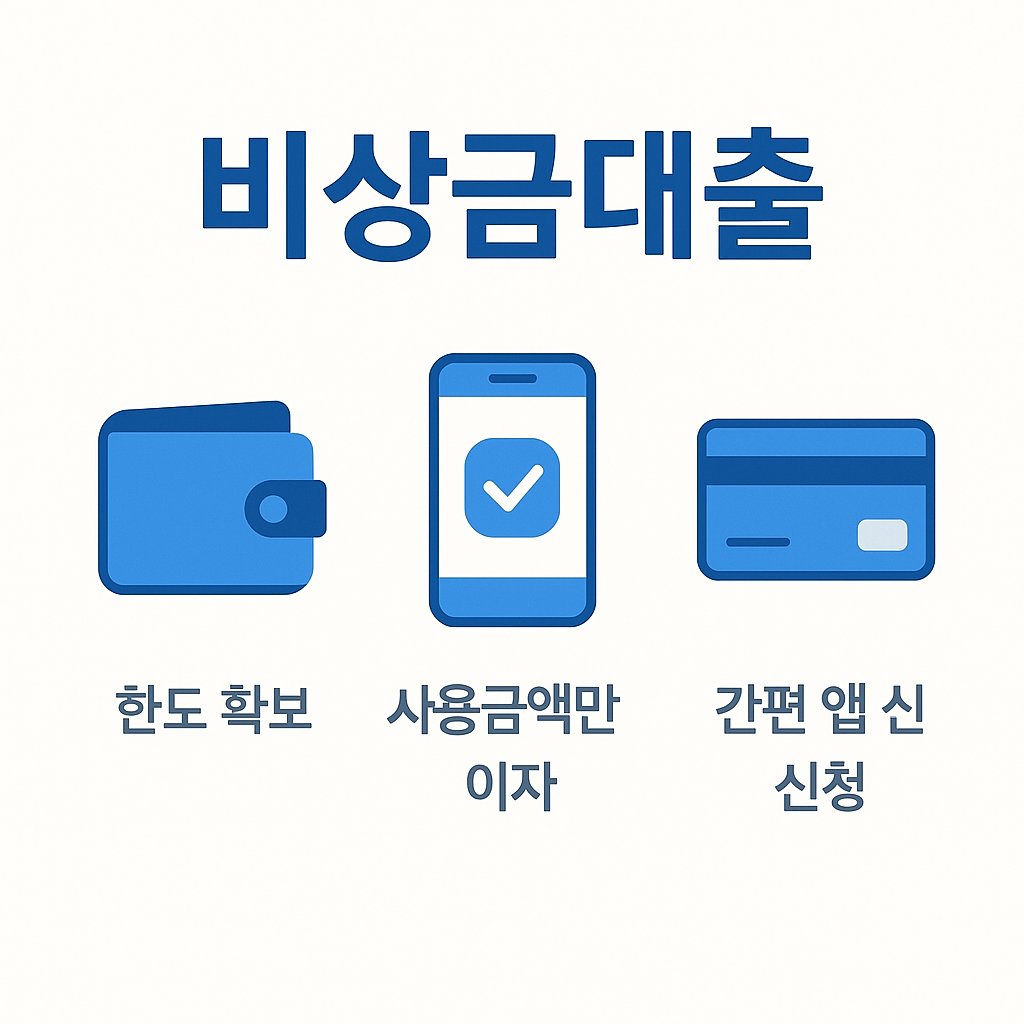 카카오뱅크 비상금대출의 특징과 신청 절차를 담은 인포그래픽으로, 한도 확보, 사용금액만 이자 발생, 간편 앱 신청 방법을 설명합니다.