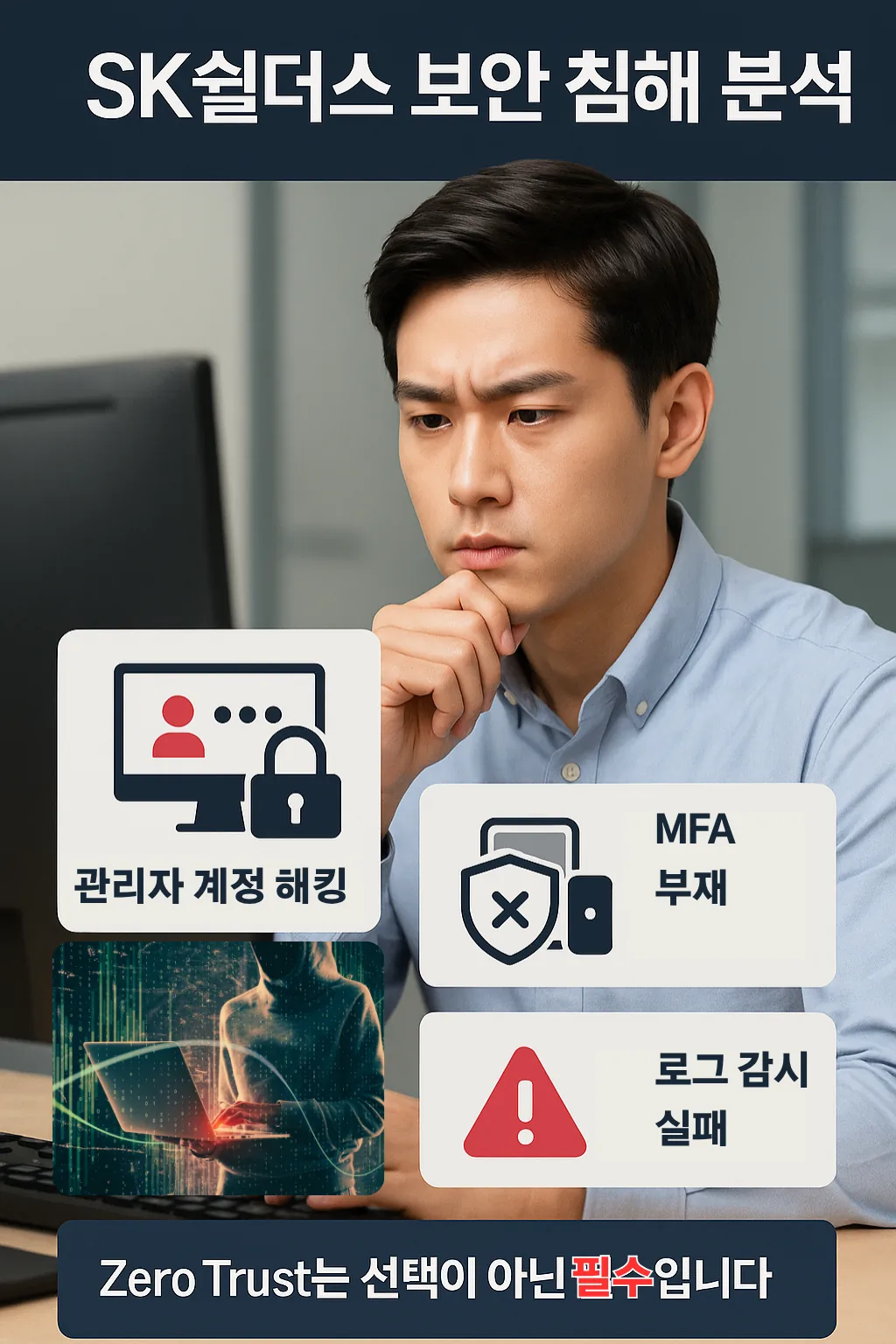 남성의 사무실 보안 침해 상황 표현, SK쉴더스 보안 침해 인포그래픽