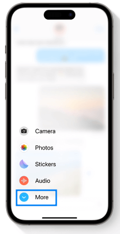 IOS17 메시지 중 좌측하단 MORE 파란 테두리