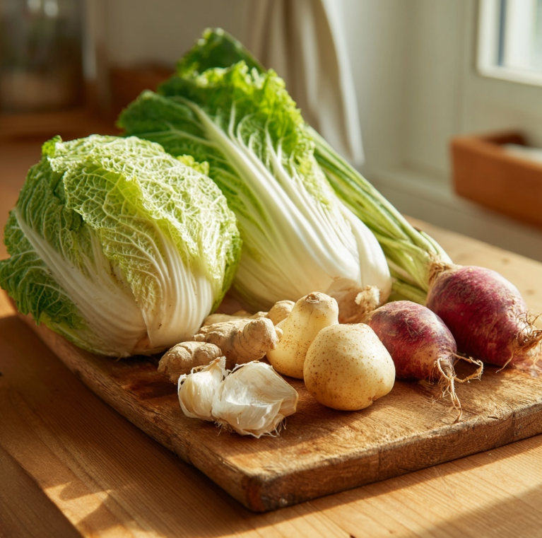 도마위 배추 와 무 생강