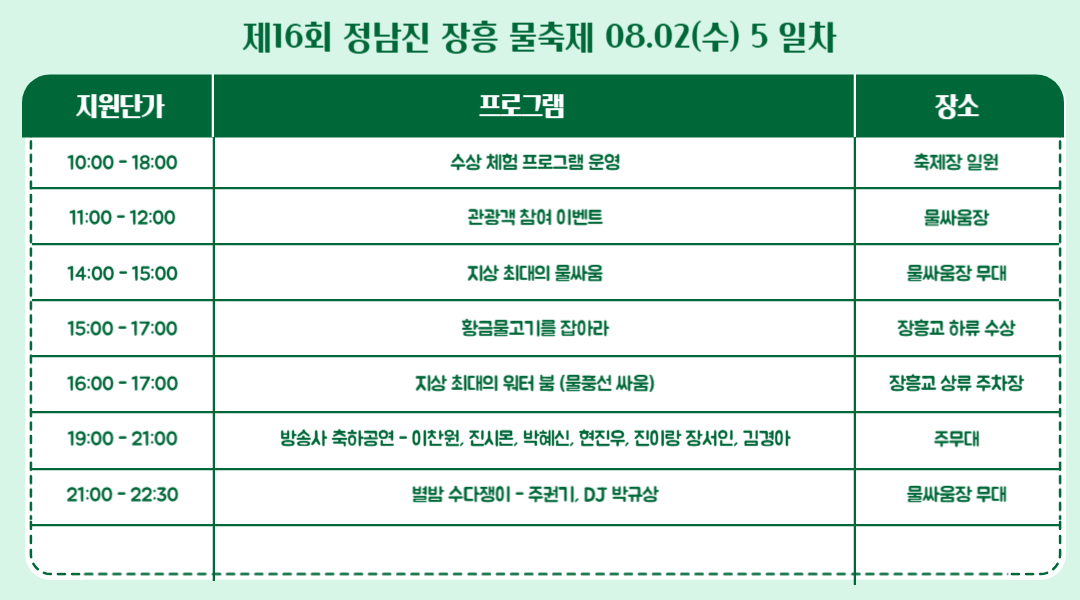 2023 정남진장흥물축제 프로그램 일정표