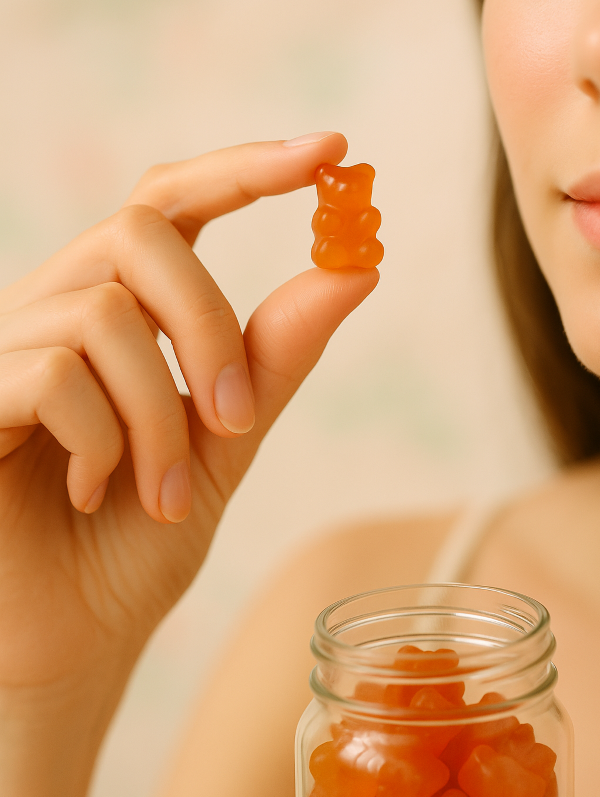 곰돌이 모양의 오렌지색 젤리를 손으로 들고 있는 여성의 모습, 인제스티블 뷰티를 상징하는 감각적인 뷰티 보충제 이미지