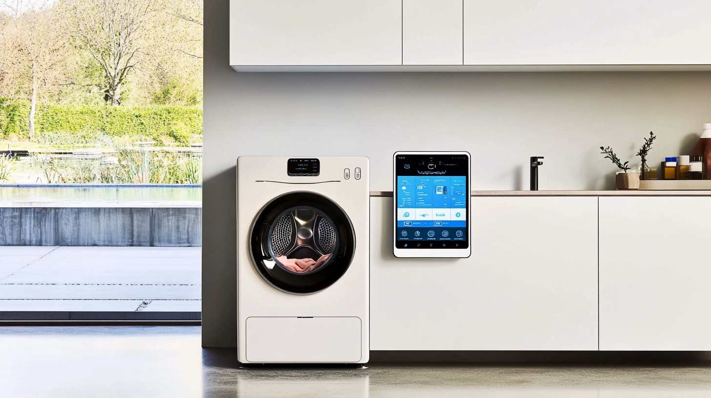 현대적인 세탁 공간에서 삼성 AI 세탁기와 건조기가 함께 작동하며, 에너지 효율성을 강조하는 그래픽 효과가 포함된 장면.