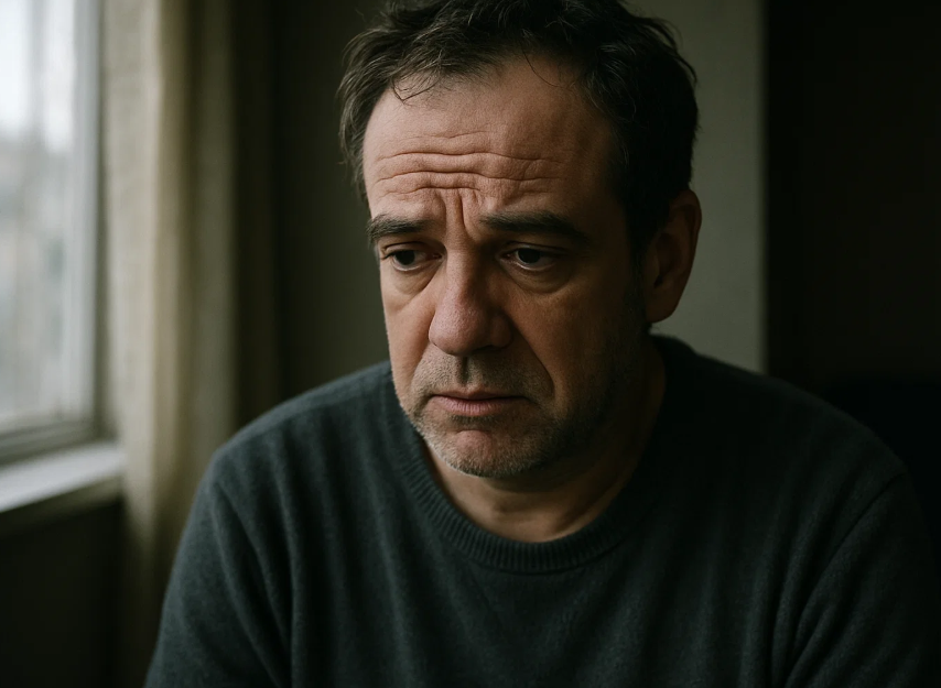우울해 보이는 중년 남성의 사진