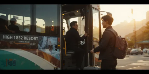 이른 아침 캐리어를 들고 하이원리조트 셔틀버스에 탑승하는 남성의 모습