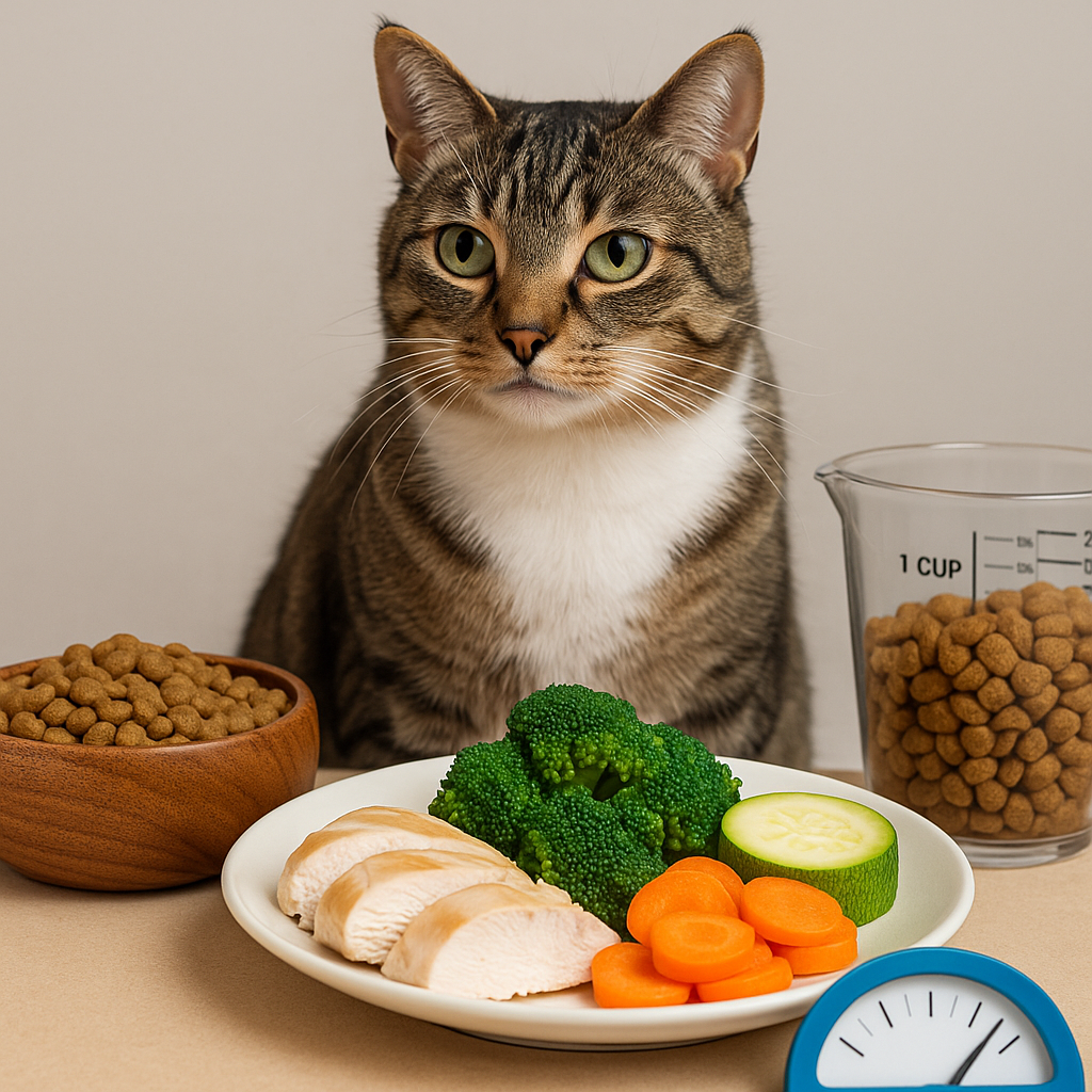밥을 먹기 위해 음식 앞에 앉아있는 고양이