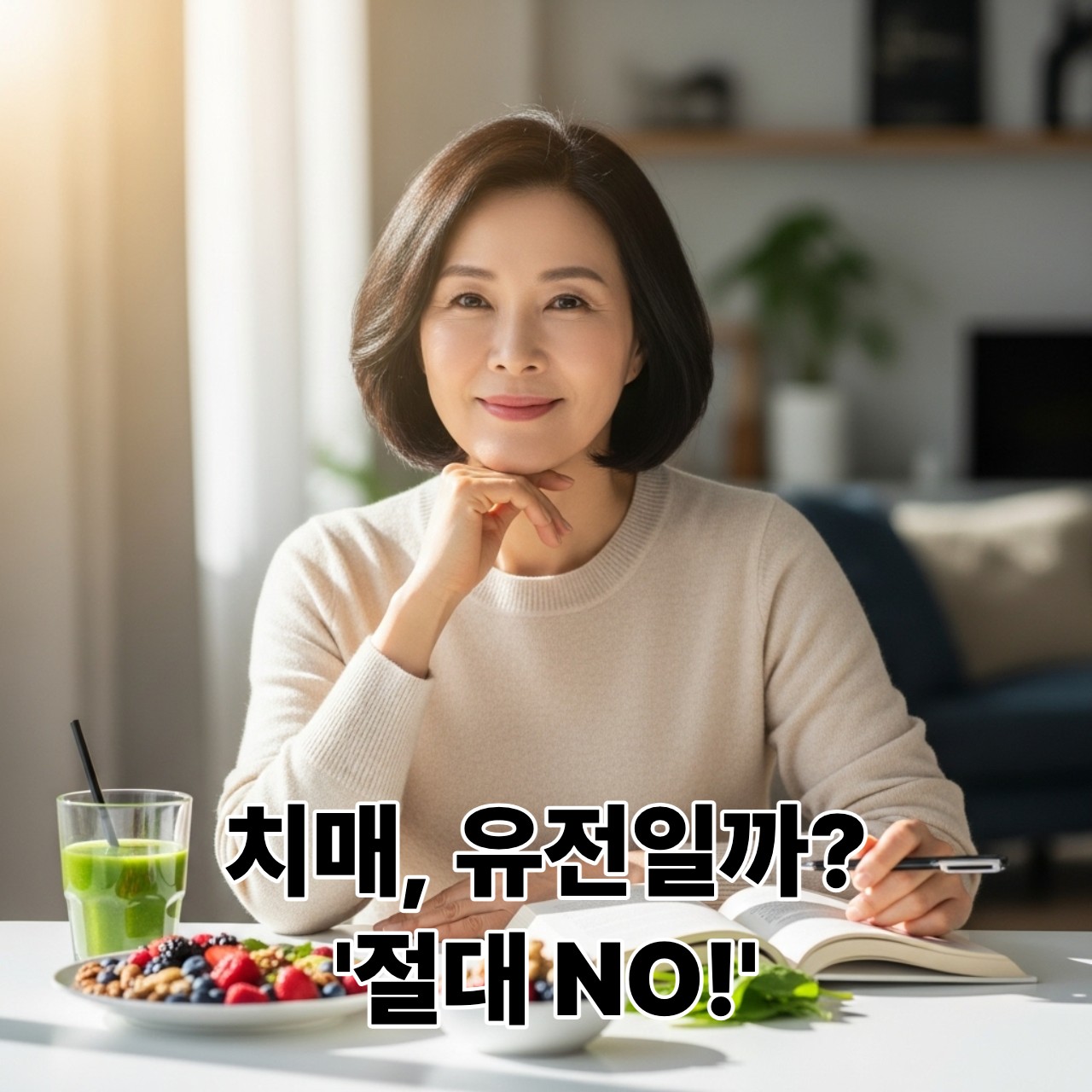 40대 후반 한국 여성이 건강한 식단과 독서를 즐기며 치매 예방 생활을 하는 모습, 희망적이고 밝은 분위기