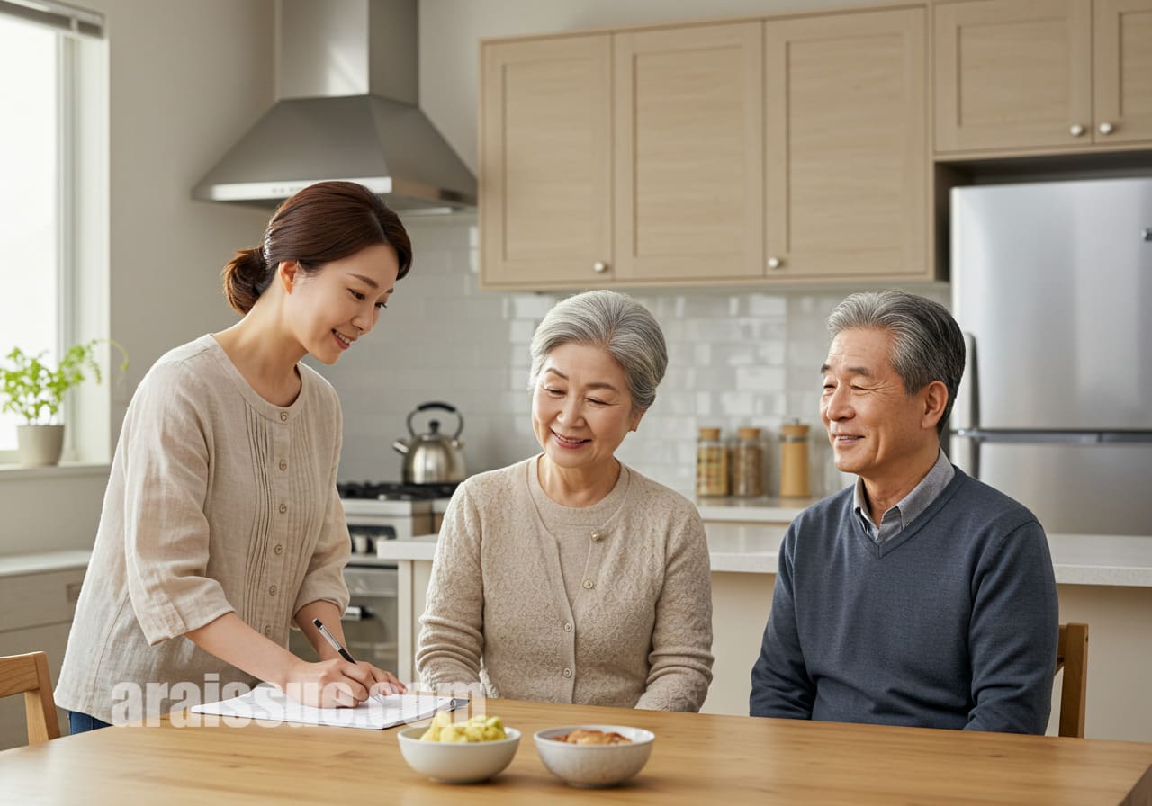 중년 여성이 테이블에 앉아 부모의 행동을 관찰하며 체크리스트를 작성하는 장면입니다. 정돈된 실내 배경과 문서, 펜이 등장합니다.