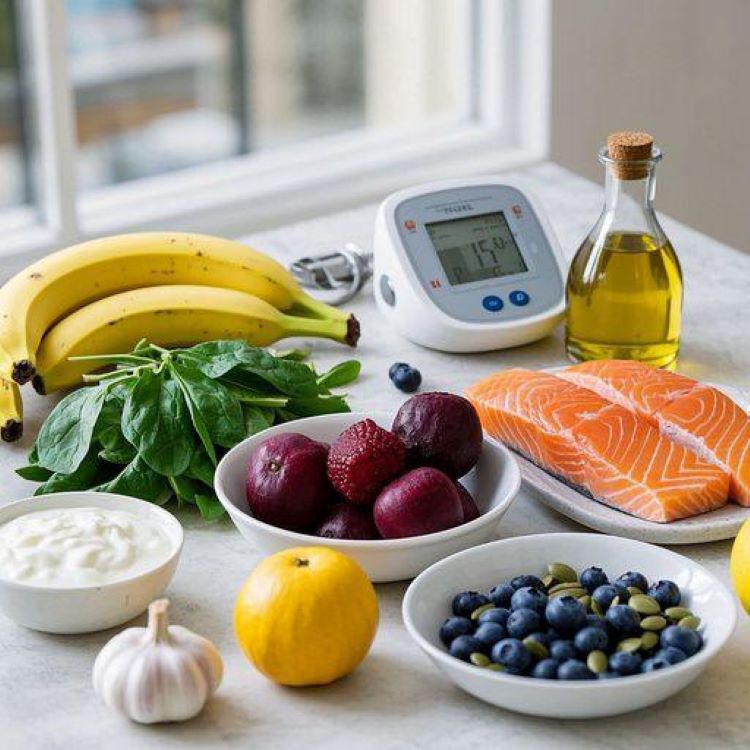 신선한 과일과 채소가 가득한 식탁 이미지. 바나나, 시금치, 블루베리, 비트, 다크 초콜릿, 올리브오일, 연어, 요구르트, 호박씨, 마늘이 담긴 그릇들이 조화롭게 배치되어 있고, 배경에는 혈압계가 놓여있는 밝고 깨끗한 사진. 자연광이 비치는 밝은 분위기의 실내 세팅