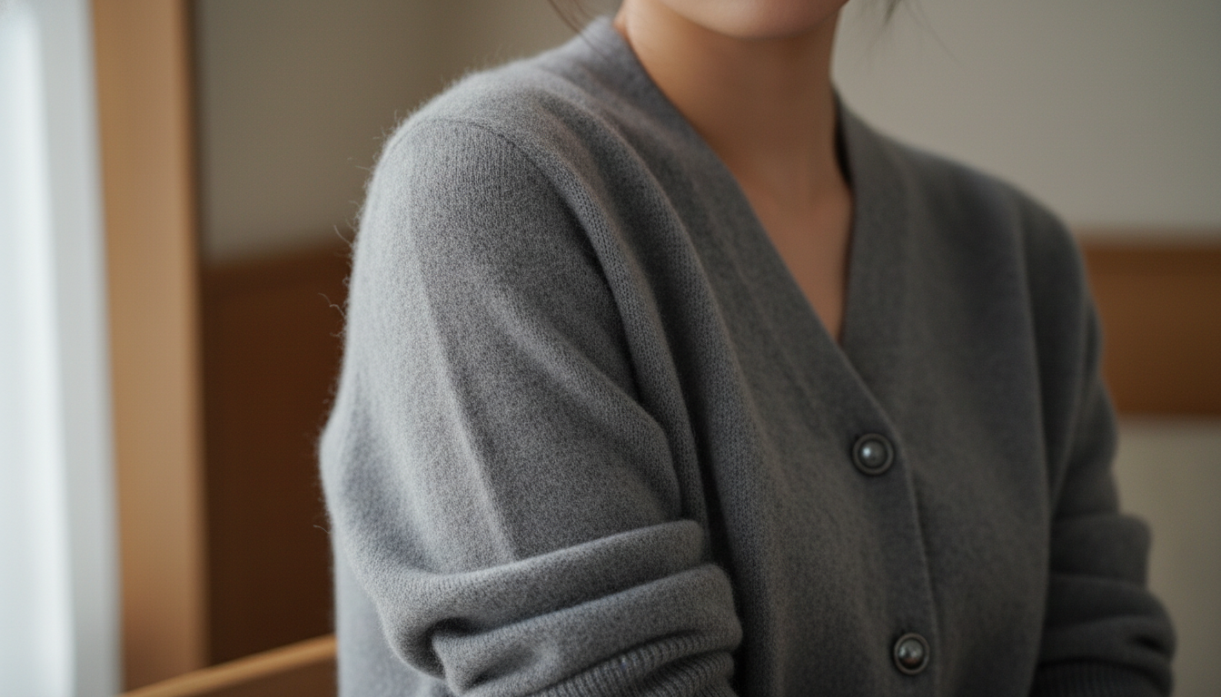 송해나가 착용한 메종 키라 그레이 가디건의 상세 모습. 캐시미어 혼방 소재의 부드러운 질감과 단추 디테일이 클로즈업되어 보이며, 고급스러운 분위기를 연출합니다.