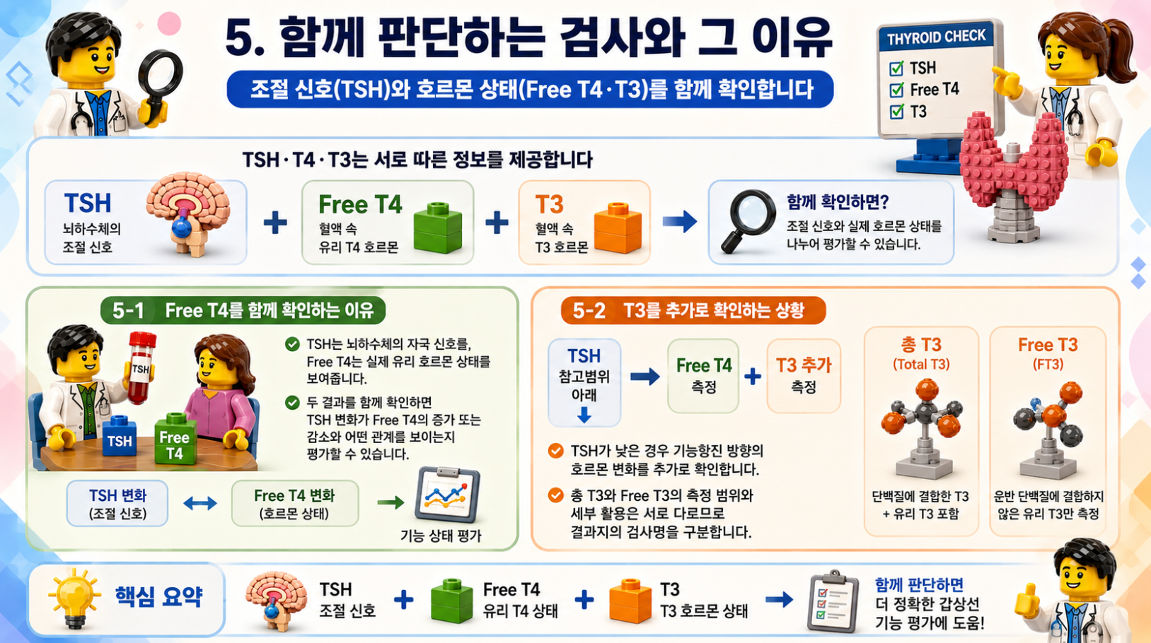 TSH와 Free T4, T3를 함께 확인하는 이유와 각 검사의 역할을 설명하는 레고 스타일 메디컬 인포그래픽