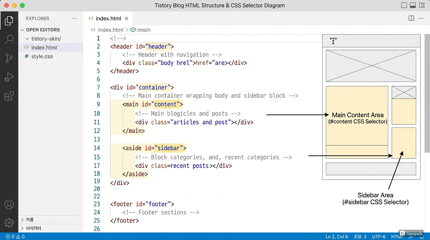 티스토리 스킨 HTML 구조 완전 분석: #content, #sidebar 핵심 ID 선택자 파악법 5가지 참고 이미지