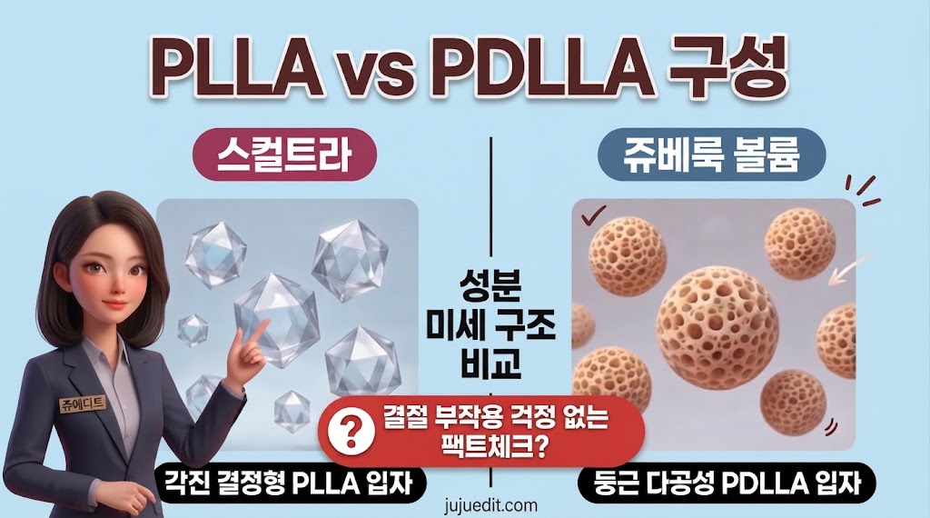 쥬에디트(juju-edit)가 제공하는 PLLA와 PDLLA 성분 미세 구조 비교 인포그래픽. 각진 결정형 PLLA와 둥근 다공성 PDLLA 입자 비교 및 결절 부작용 정보.