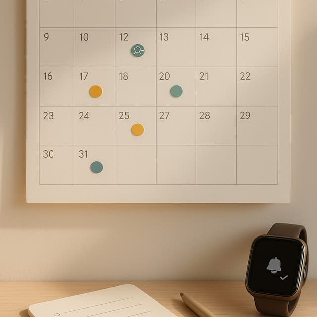 벽걸이 달력을 클로즈업으로 보여 주고 색 스티커로 P2P 상환 일정이 분산 표시된 장면 이미지