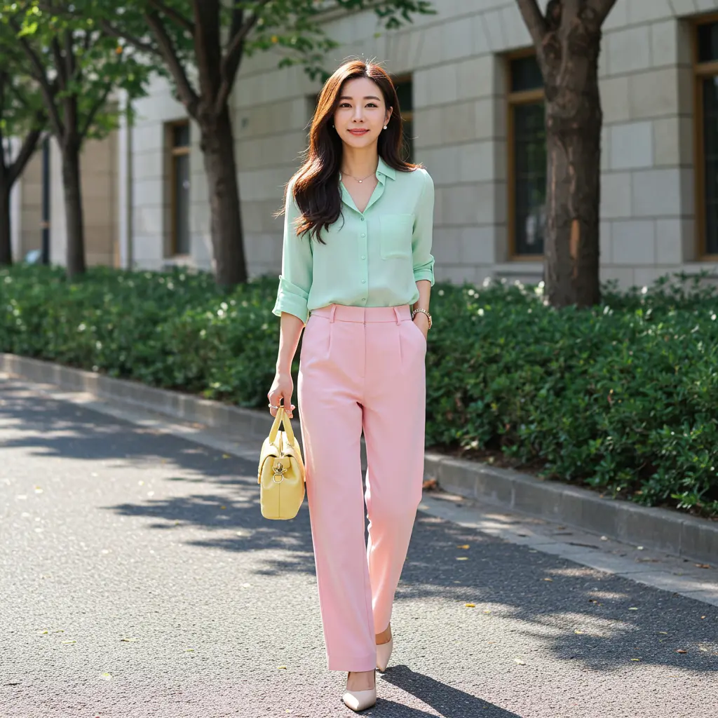 민트셔츠&amp;#44; 핑크 바지입은 여성 이미지