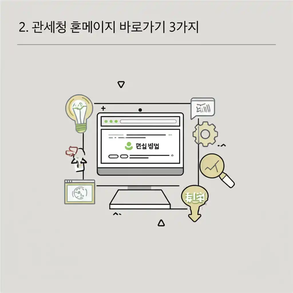 관세청 홈페이지 바로가기를 위한 검색, 즐겨찾기 등 3가지 핵심 접근 방법을 제시하는 화면