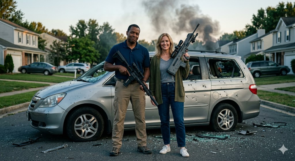 Jamie Foxx and Cameron Diaz wearing standard suburban clothes but holding advanced tactical weapons with serious expressions.