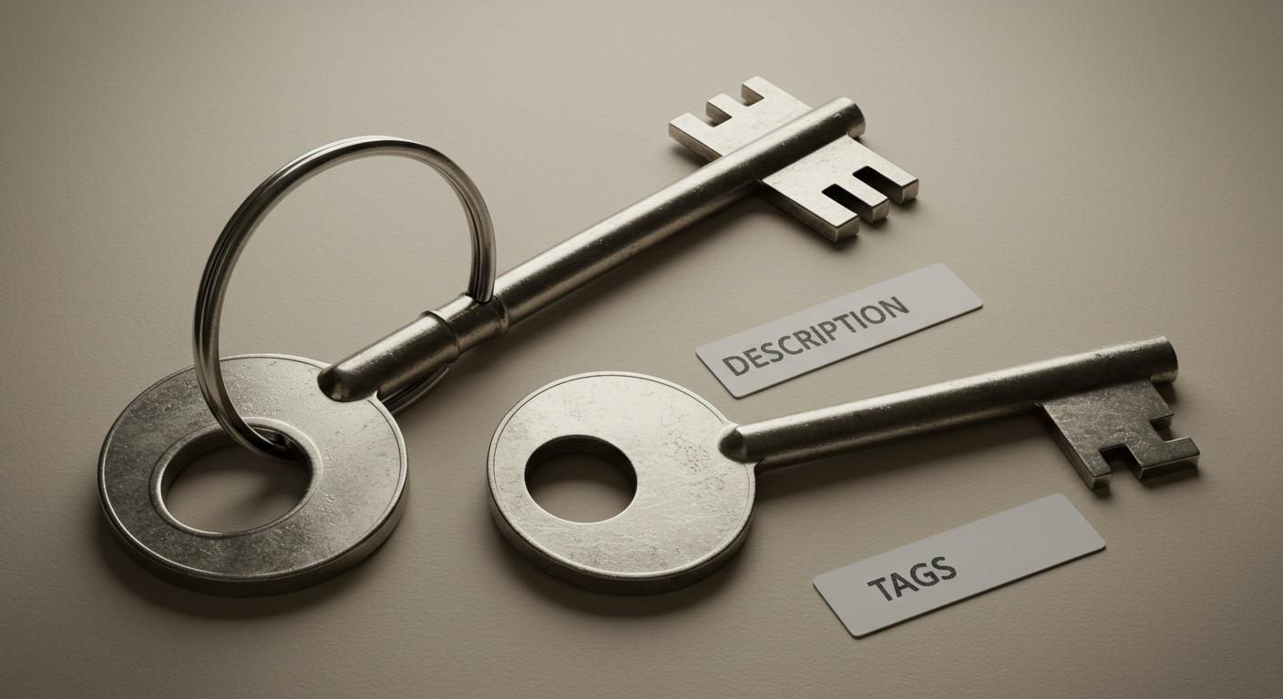 세 개의 열쇠가 주의(제목)·기대(설명)·검색(태그)를 상징하도록 디자인된 심벌릭 스틸라이프