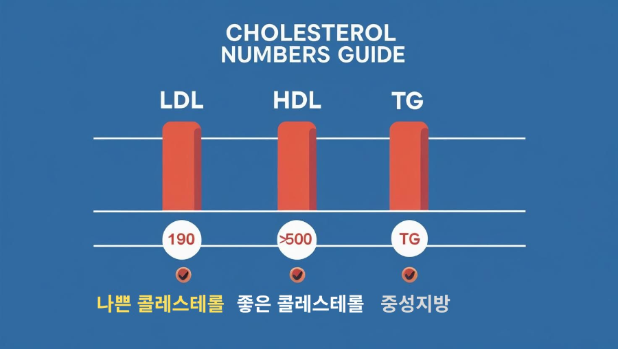 “LDL, HDL, 중성지방 막대그래프와 경고 아이콘으로 LDL 190 이상, 중성지방 500 이상을 강조한 콜레스테롤 수치 안내 인포그래픽 썸네일.”