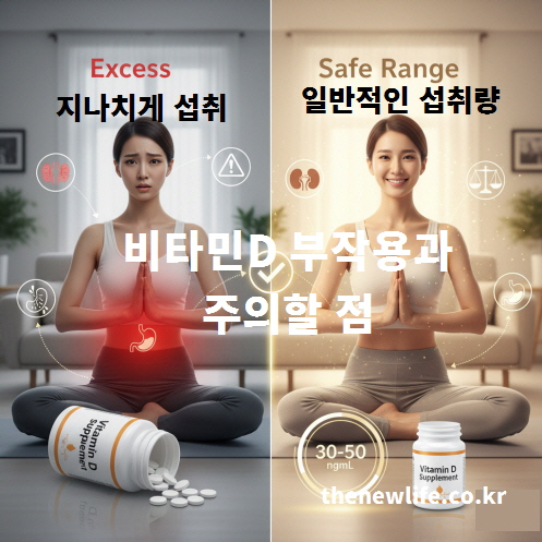 비타민D 부작용과 주의할 점을 나타낸 이미지. 과다 복용 시 고칼슘혈증과 신장 부담이 생길 수 있고, 적정 섭취량을 유지하면 안전하게 비타민D 효능을 유지할 수 있음을 표현함.