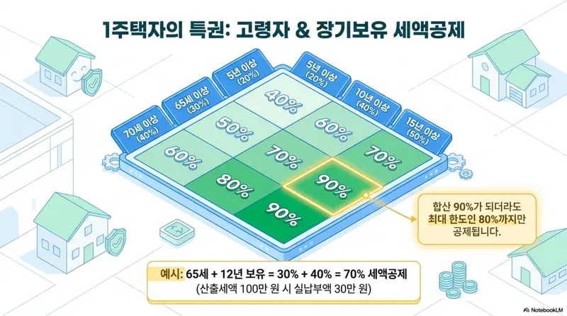 종부세 과세대상: 종부세 고령자&middot;장기보유 세액공제율을 매트릭스 형태로 정리한 인포그래픽. 연령별 공제율(60세 20%&amp;#44; 65세 30%&amp;#44; 70세 40%)과 보유기간별 공제율(5년 20%&amp;#44; 10년 40%&amp;#44; 15년 50%)을 합산해 최대 80%까지 적용됨을 보여주는 이미지