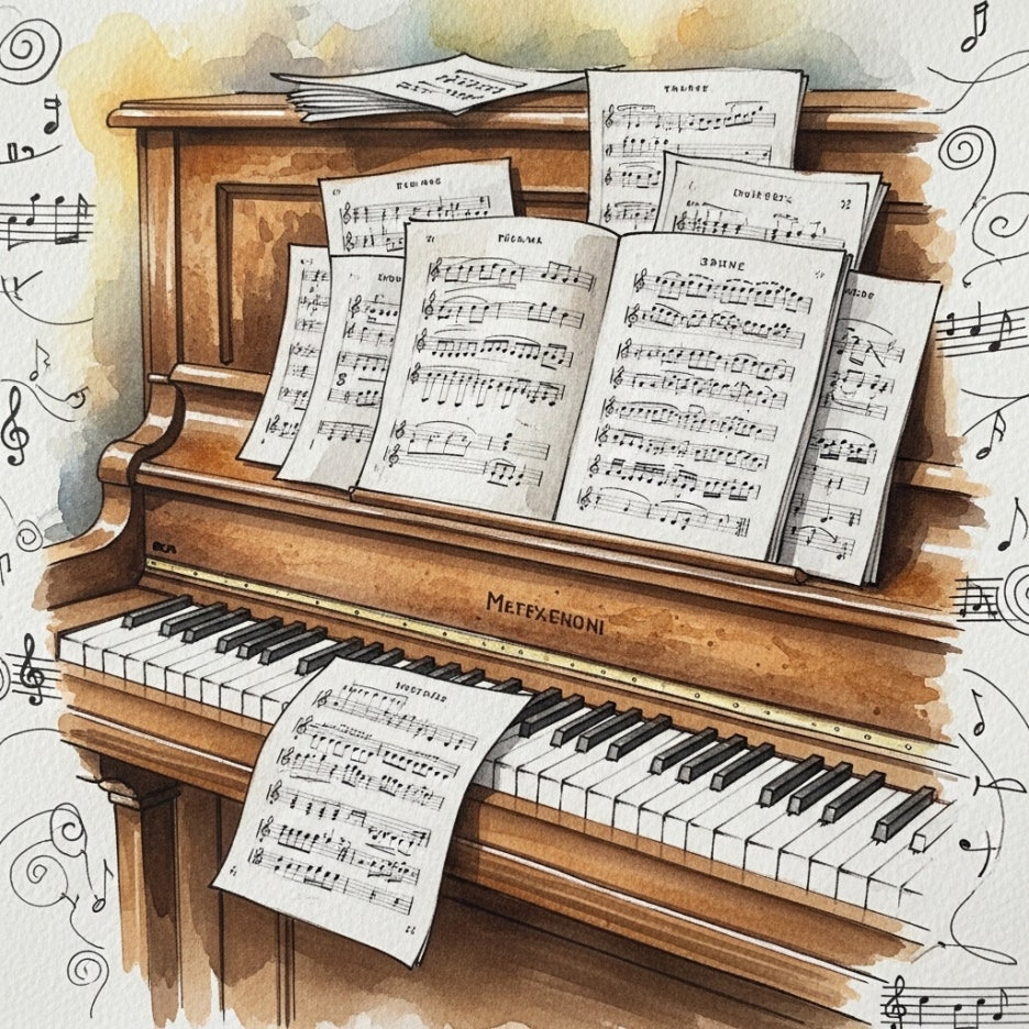 고전적인 피아노와 흩어진 악보가 그려진 따뜻한 수채화