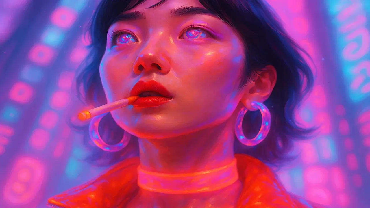 네온빛 아래 담배를 문 여성 초상화