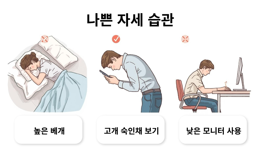 높은 베개와 스마트폰 고개 숙임 등 잘못된 습관 일러스트