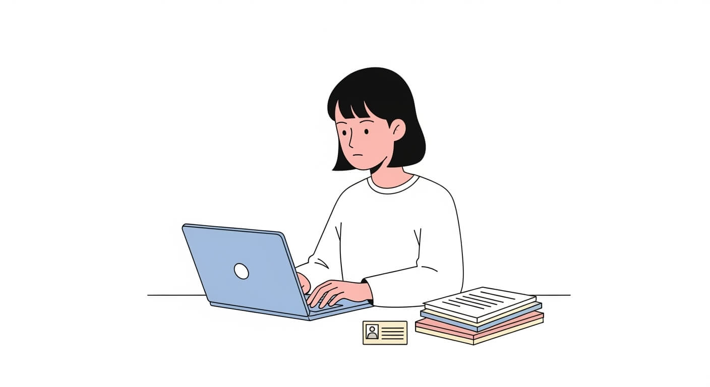 책상 위에서 노트북으로 안경렌즈 정부지원금 온라인 신청서를 입력하는 장면 2