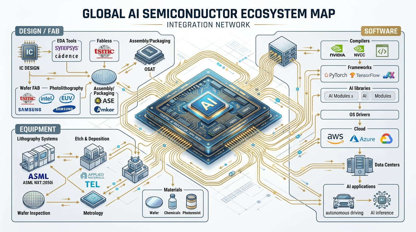 거대한 AI 반도체 칩을 중심으로 설계, 장비, 소프트웨어 기업들이 유기적으로 연결된 황금빛 생태계 지도