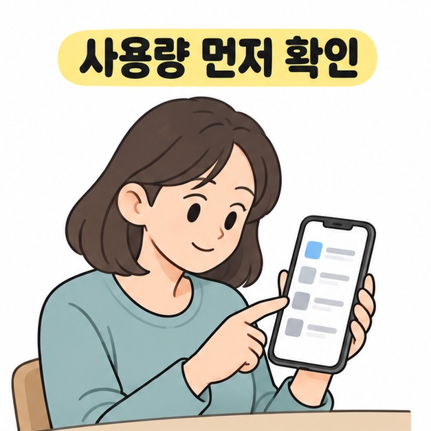 사용량 먼저 확인 제목 아래 스마트폰의 목록 중 한 항목을 가리키는 여성