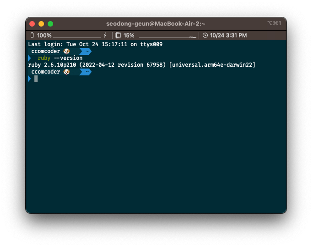 CLI에서 현재 사용 중인 Ruby 버전을 확인하는 화면