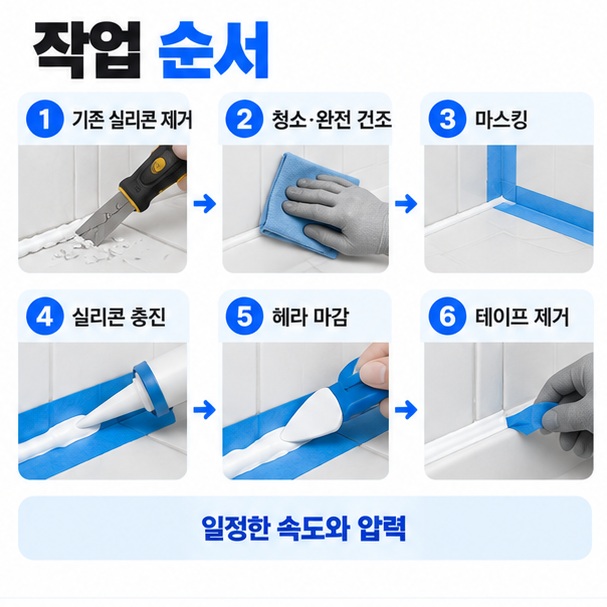 기존 실리콘 제거 청소 건조 마스킹 충진 헤라 마감 테이프 제거 순서를 보여주는 이미지