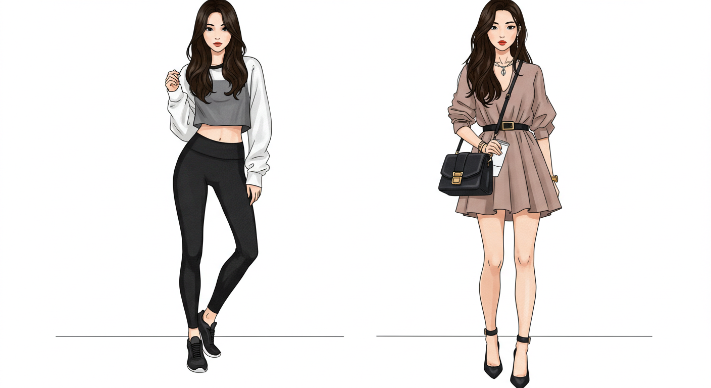 A stylish illustration of two Korean women standing side by side. One woman is wearing sporty black leggings with a casual top and sneakers, representing an active, athletic look. The other woman is dressed in fashionable clothes, such as a trendy dress with accessories and heels, representing a chic city style. Both women have natural Korean features, with modern hairstyles, posing confidently against a clean urban background. The mood is fashionable, modern, and dynamic. Editorial illustration style, with soft bright tones, suitable for a fashion magazine or lifestyle article.