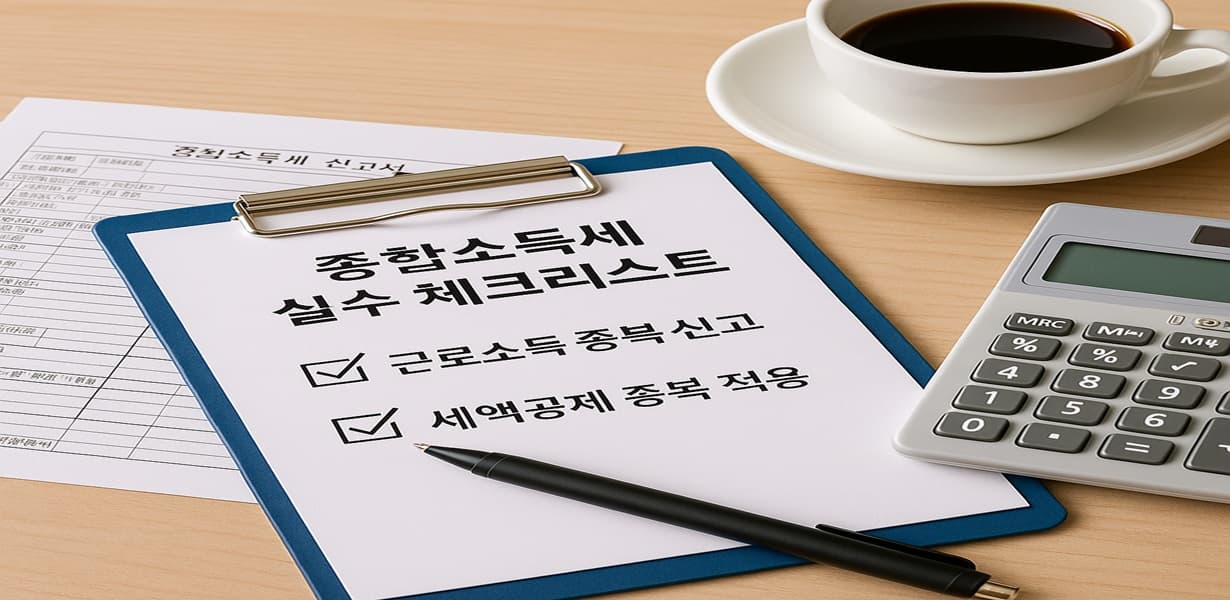 종합소득세 실수 체크리스트에 '근로소득 중복 신고'와 '세액공제 중복 적용'이 표시된 클립보드, 계산기, 세무서류, 커피잔이 함께 있는 장면