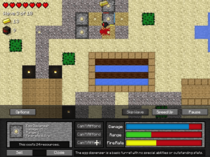 마인크래프트-디펜스2-플래시게임-플레이-타워를-설치하여-몬스터를-처치하는-화면